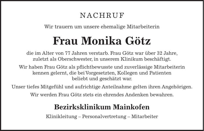 Traueranzeige Monika Götz