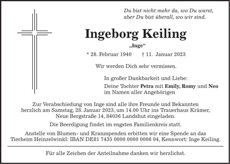 Traueranzeige Ingeborg Keiling