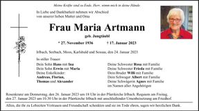 Traueranzeige Maria Artmann