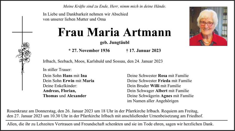 Traueranzeige Maria Artmann