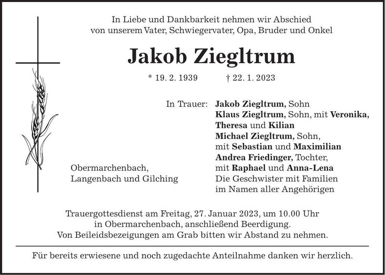 Traueranzeige Jakob Ziegltrum