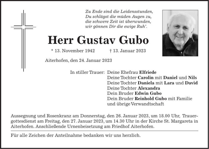 Traueranzeige Gustav Gubo