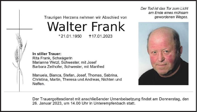 Traueranzeige Walter Frank