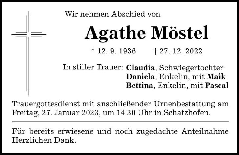 Traueranzeige Agathe Möstel