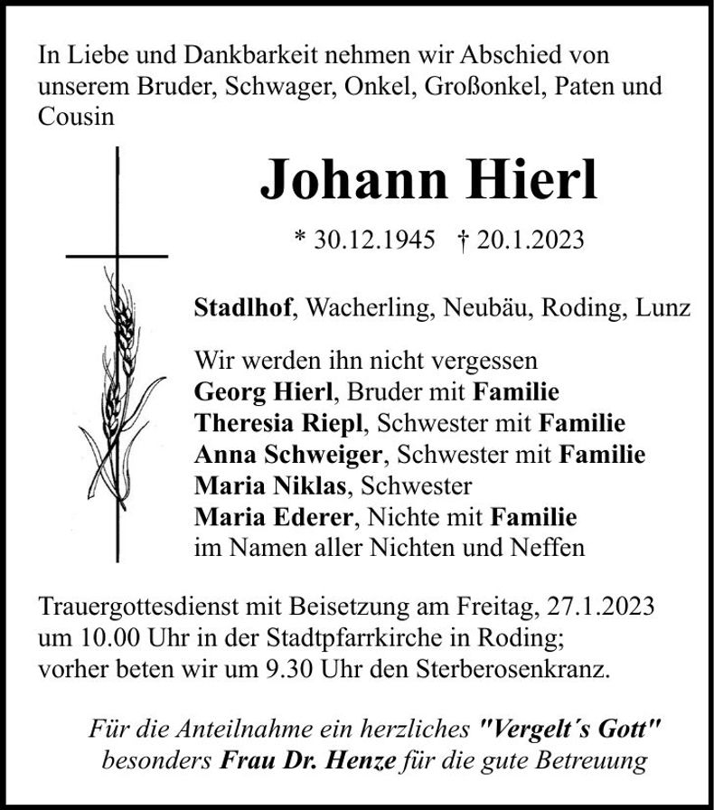 Traueranzeige Johann Hierl