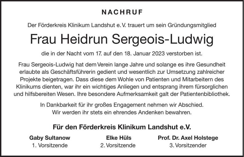 Traueranzeige Heidrun Sergeois-Ludwig