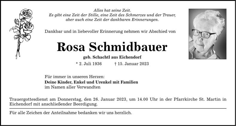 Traueranzeige Rosa Schmidbauer