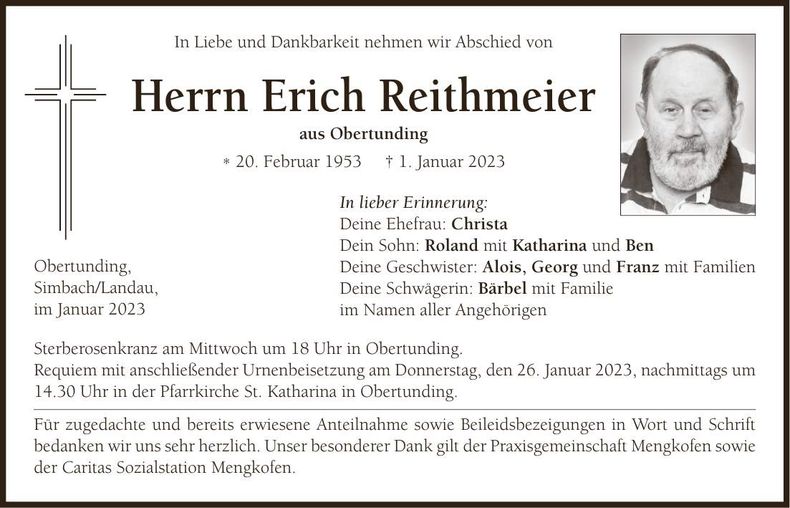 Traueranzeige Erich Reithmeier