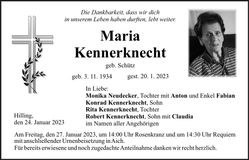 Traueranzeige Maria Kennerknecht