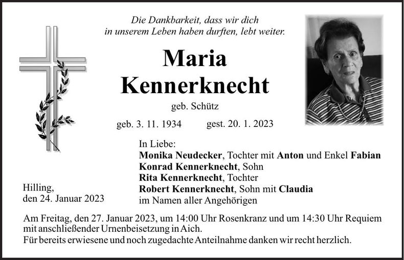 Traueranzeige Maria Kennerknecht