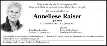 Traueranzeige Anneliese Raiser