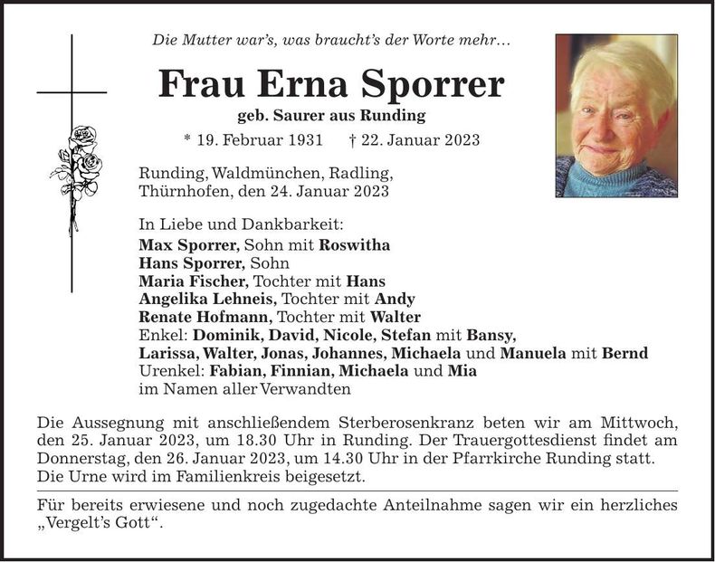 Traueranzeige Erna Sporrer