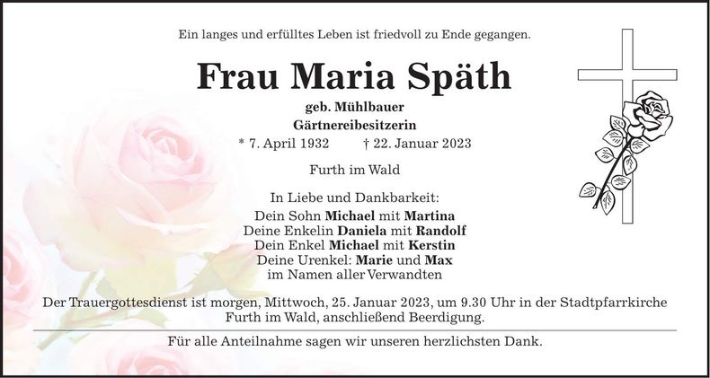 Traueranzeige Maria Späth