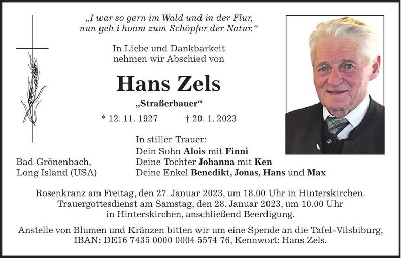Traueranzeige Johann Zels
