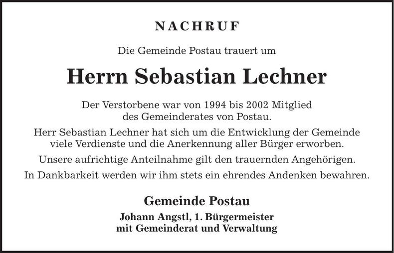 Traueranzeige Sebastian Lechner