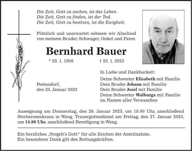 Traueranzeige Bernhard Bauer