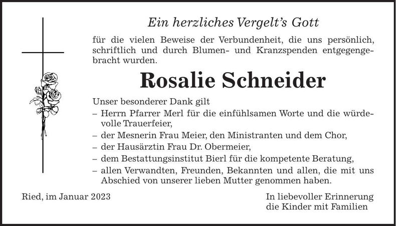 Traueranzeige Rosalie Schneider