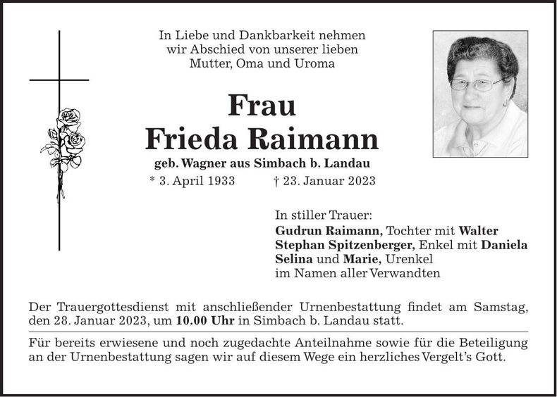 Traueranzeige Frieda Raimann