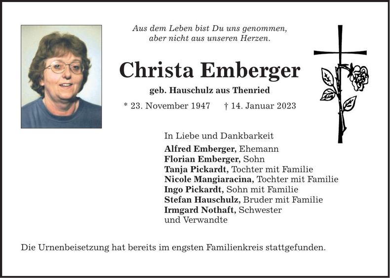 Traueranzeige Christa Emberger