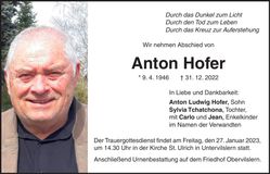 Traueranzeige Anton Hofer