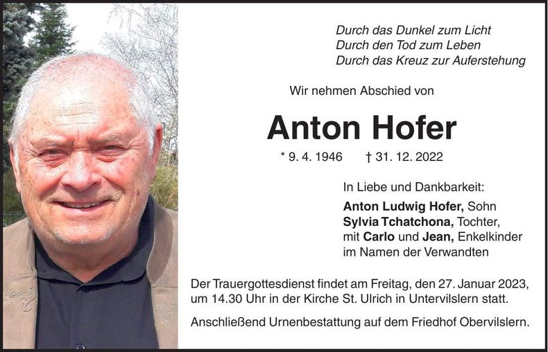 Traueranzeige Anton Hofer