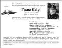 Traueranzeige Franz Heigl