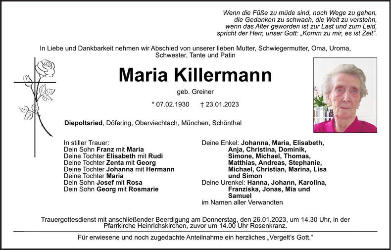 Traueranzeige Maria Killermann