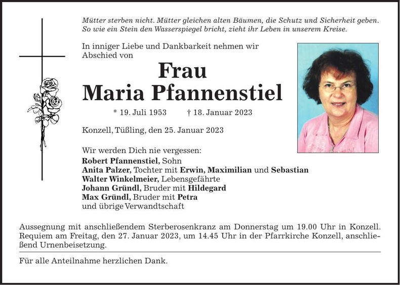 Traueranzeige Maria Pfannenstiel