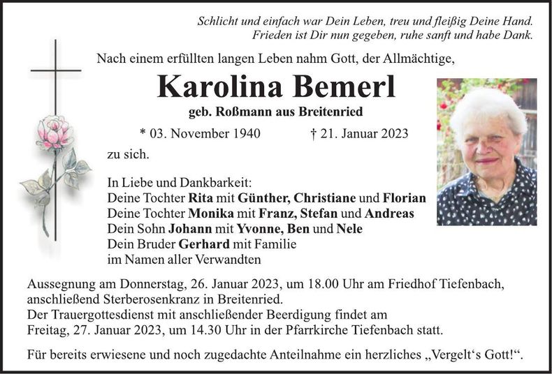 Traueranzeige Karolina Bemerl
