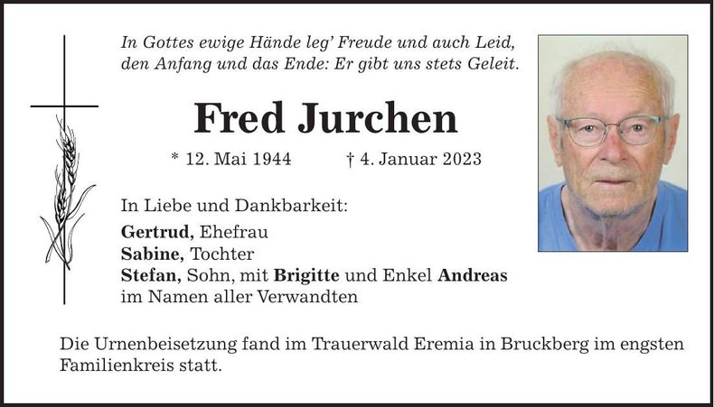 Traueranzeige Fred Jurchen
