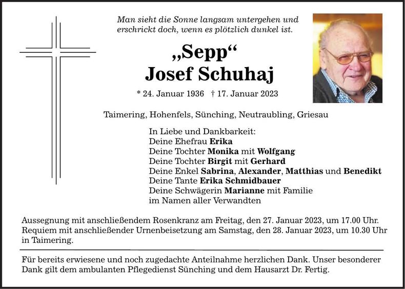 Traueranzeige Josef Schuhaj