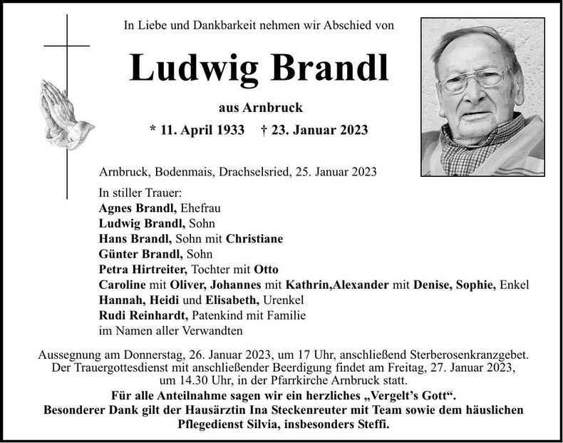 Traueranzeige Ludwig Brandl