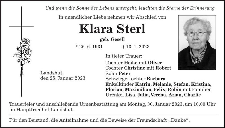 Traueranzeige Klara Sterl