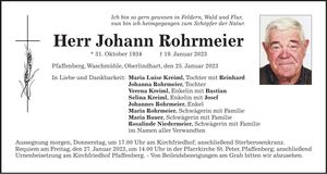 Traueranzeige Johann Rohrmeier