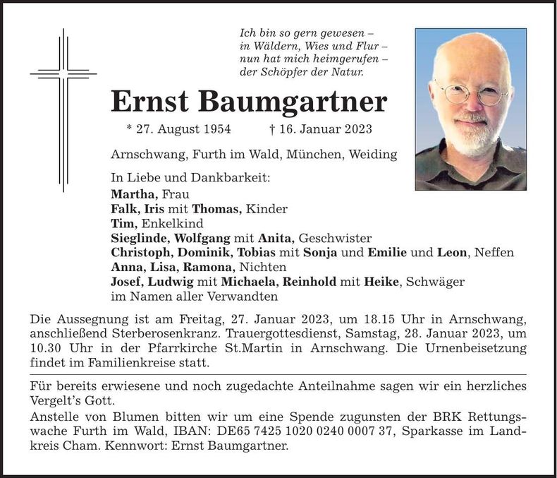 Traueranzeige Ernst Baumgartner