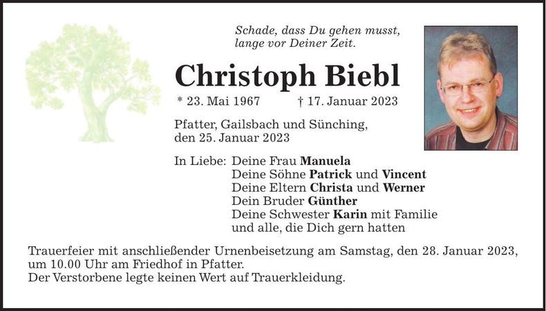 Traueranzeige Christoph Biebl