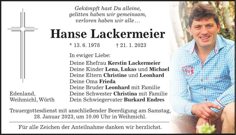 Traueranzeige Hanse Lackermeier