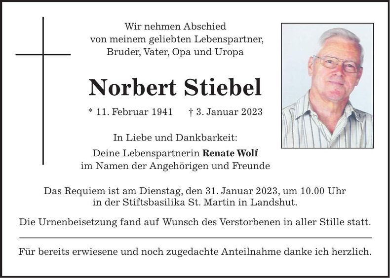 Traueranzeige Norbert Stiebel