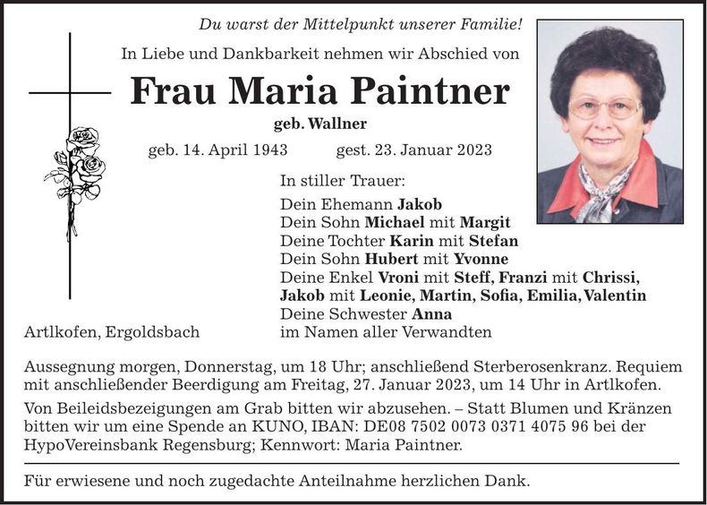 Traueranzeige Maria Paintner