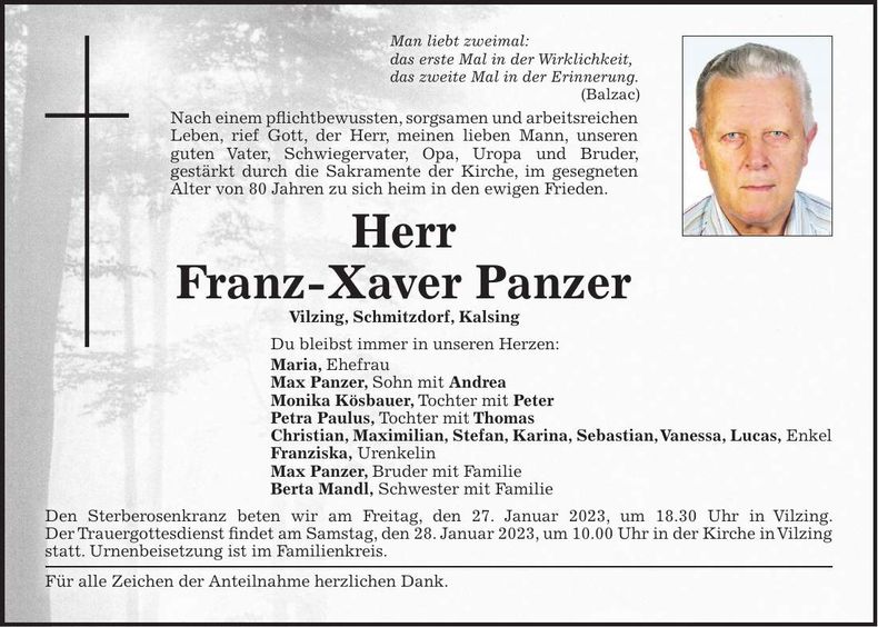Traueranzeige Franz-Xaver Panzer