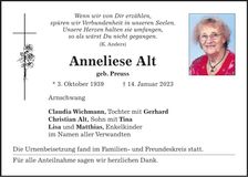Traueranzeige Anneliese Alt