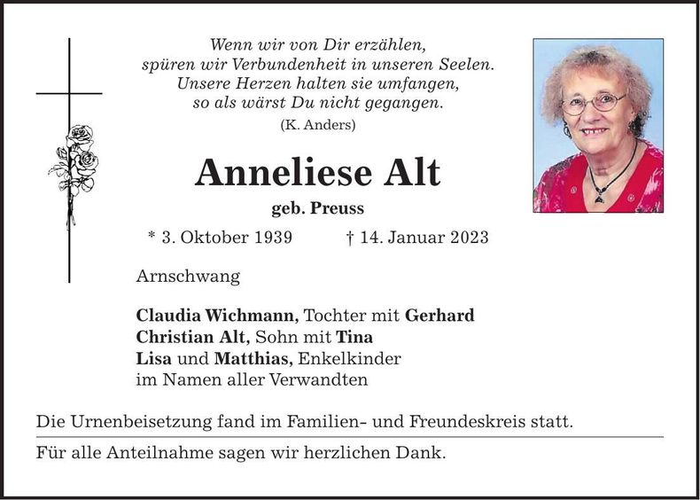 Traueranzeige Anneliese Alt