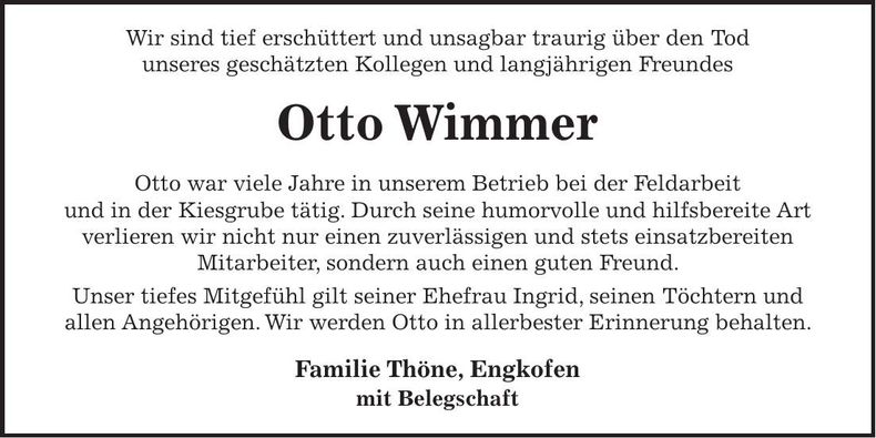 Traueranzeige Otto Wimmer