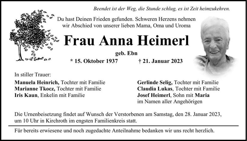 Traueranzeige Anna Heimerl