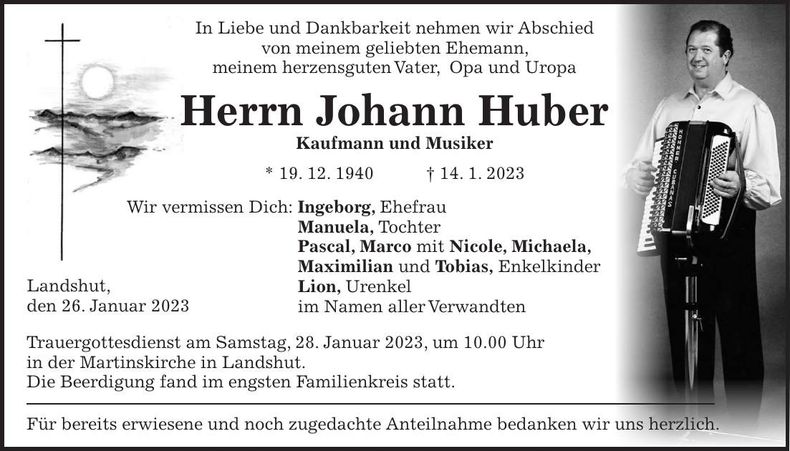 Traueranzeige Johann Huber