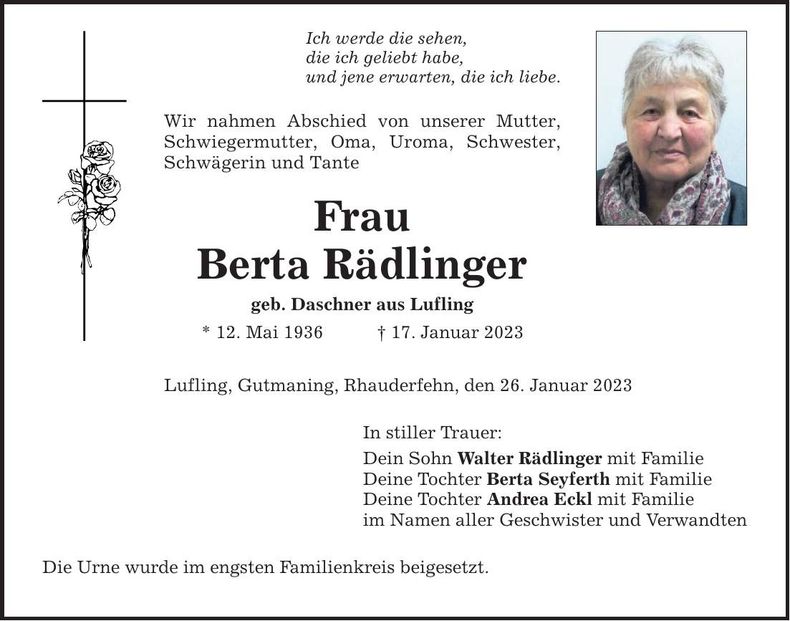 Traueranzeige Berta Rädlinger