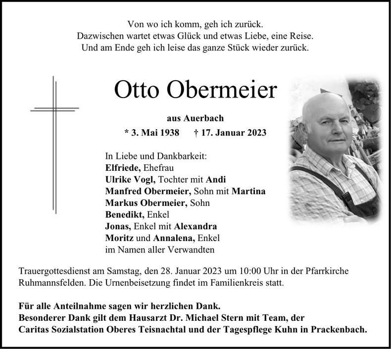 Traueranzeige Otto Obermeier