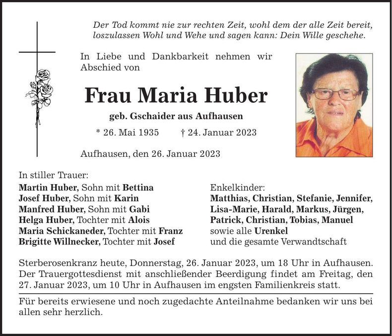 Traueranzeige Maria Huber