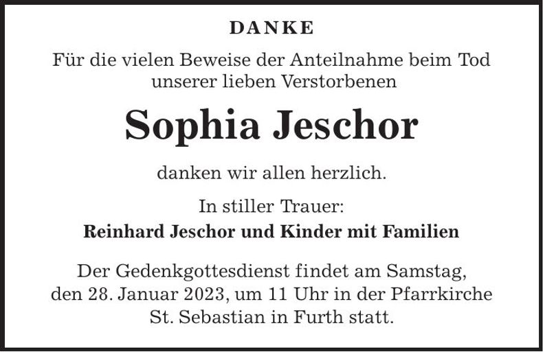 Traueranzeige Sophia Jeschor