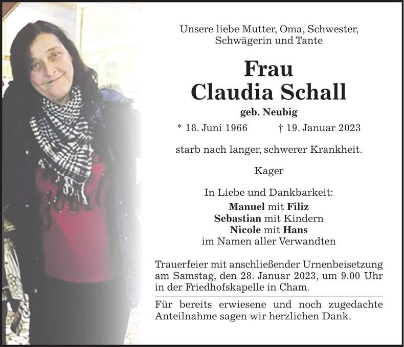Traueranzeige Claudia Schall
